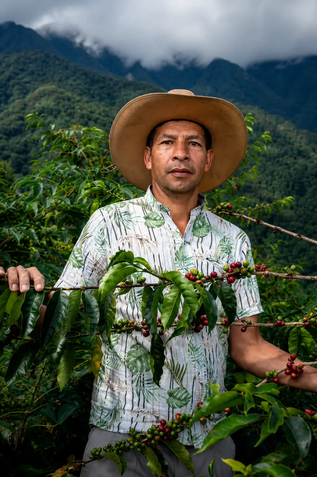 Recolectora de café trabajando entre cafetos maduros en una finca colombiana
